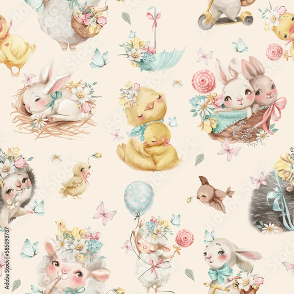 Fototapeta Beautiful seamless pattern with animals - bunnies, chickens, hedgehog, birds. Spring pattern