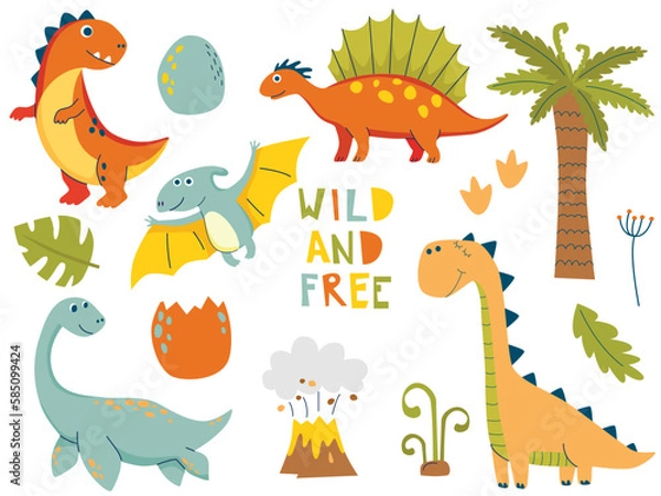 Fototapeta Dino set in simple hand drawn cartoon style.