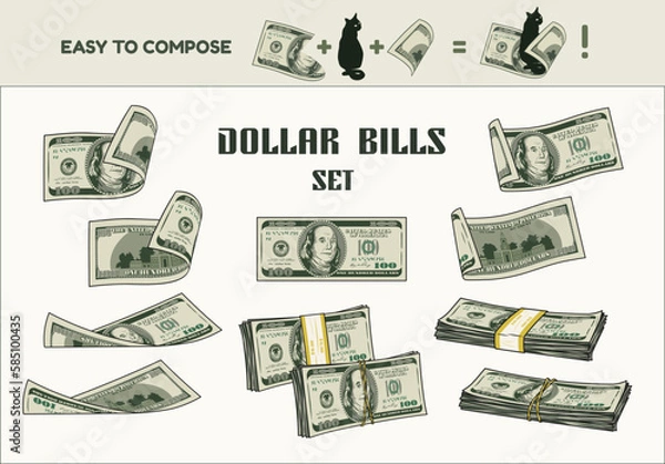 Fototapeta Set of 100 dollar bills with obverse and reverse side. Stacks, wads of cash money, bent, folded, twisted banknotes. Vintage style. Colorful detailed vector illustration on white background.