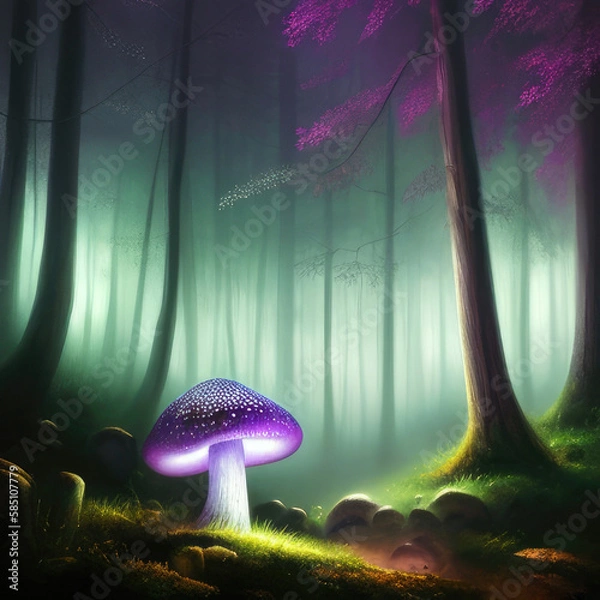 Fototapeta A glowing mushroom in a dark forest, concept art illustration wallpaper