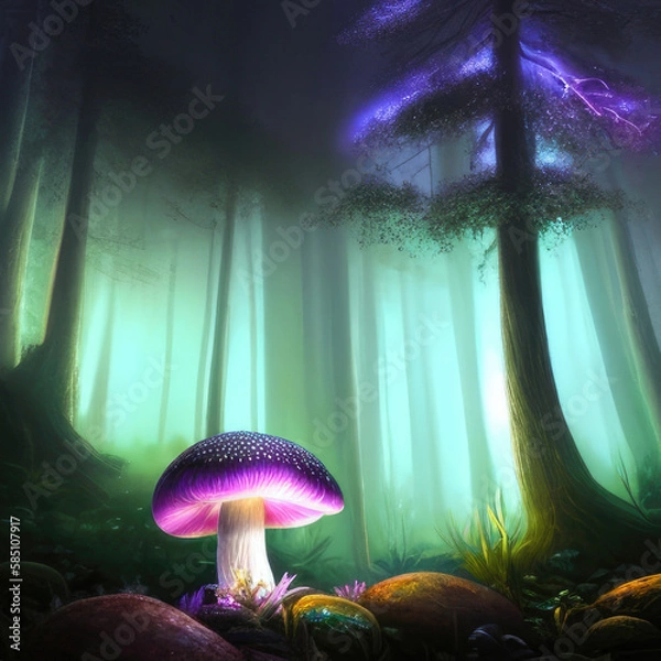 Fototapeta A glowing mushroom in a dark forest, concept art illustration wallpaper