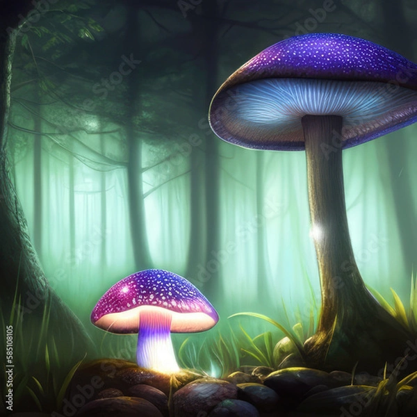 Fototapeta A glowing mushroom in a dark forest, concept art illustration wallpaper