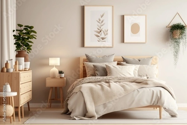 Fototapeta Interior of modern bedroom with mock up poster frame