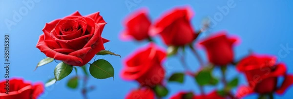 Fototapeta Illustration of a bouquet of red roses against a blue background created with Generative AI technology