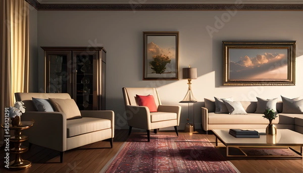 Fototapeta Modern interior design of scandinavian apartment, living room with sofa over the wall. Home interior Generative AI