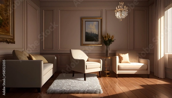 Fototapeta Living room interior of furnished apartment cozy couch sofa wooden flooring Generative AI