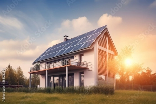 Fototapeta Using solar panels to reduce a buildings carbon footprint and benefits of using solar panels in multifamily reside, generative artificial intelligence