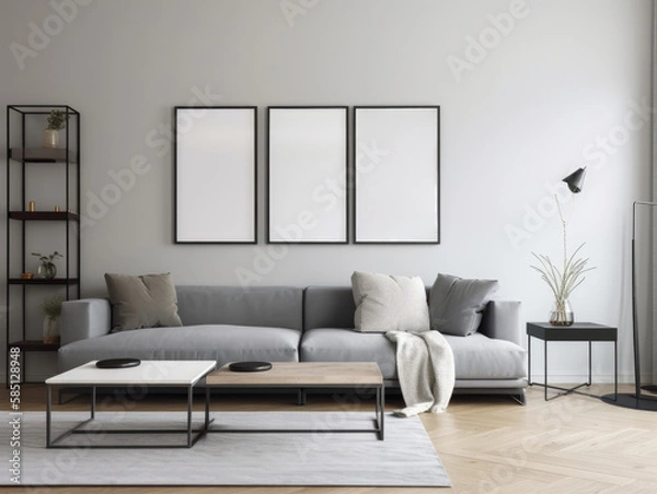 Fototapeta Trendy grey modern living room with mock up frame above sofa. Generative AI