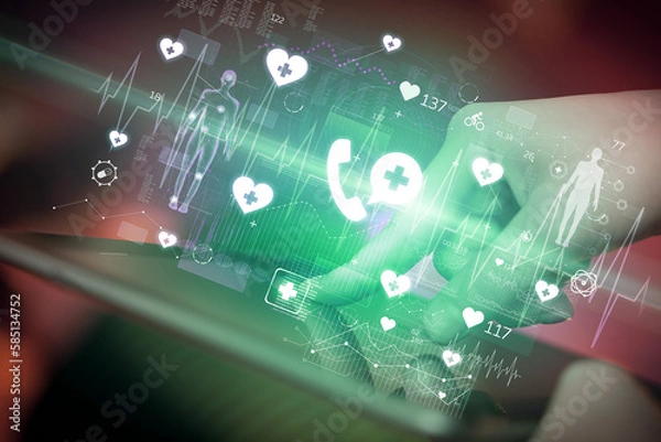 Fototapeta Close-up of a touchscreen with healthcare icons