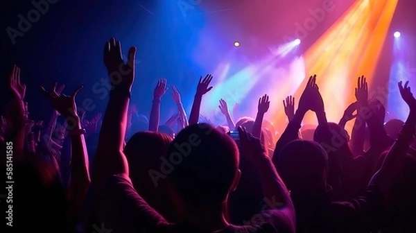 Fototapeta Rear view of crowd with arms outstretched at night club concert, blue purple light background by ai generative