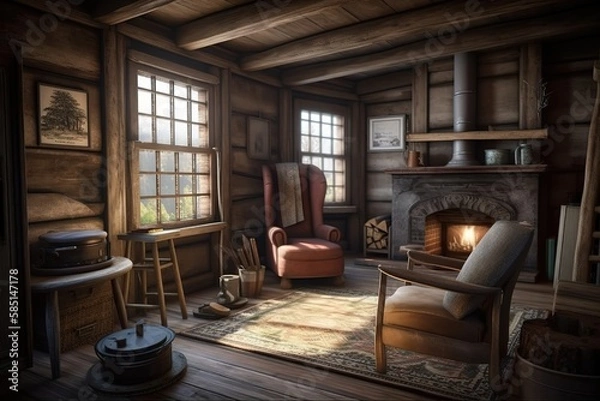 Obraz Rustic Cabin: Create a set of images that showcase a charming, cozy rustic cabin. Generative AI
