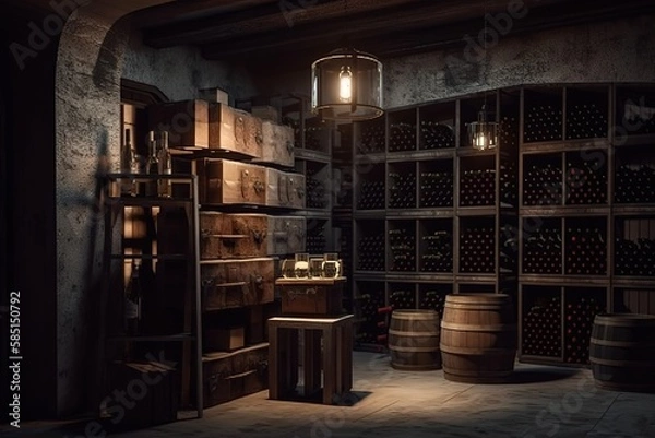 Obraz Wine Cellar: Create a set of images that showcase an impressive, well - stocked wine cellar. Generative AI