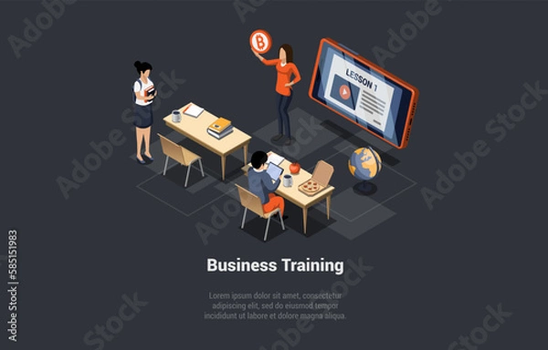 Fototapeta Business Training Or Brainstorming. Crypto Analyst Speaks Before Audience. Woman Presents Price Assets Reports. Employees Meet at Business Training Course Or Lesson. Isometric 3d Vector Illustration
