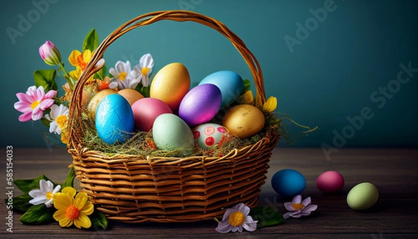 Fototapeta Easter eggs in basket with flowers, AI generated 