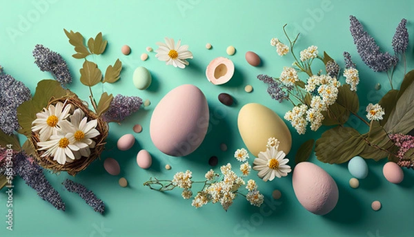 Obraz Composition easter eggs and flowers on the pastel green background, happy easter, holiday gift, AI generated
