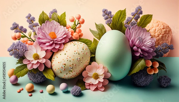 Obraz Composition easter eggs and flowers on the pastel beige  and green background, happy easter, holiday gift, AI generated