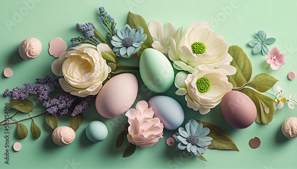 Obraz Composition easter eggs and flowers on the pastel green background, happy easter, holiday gift, AI generated