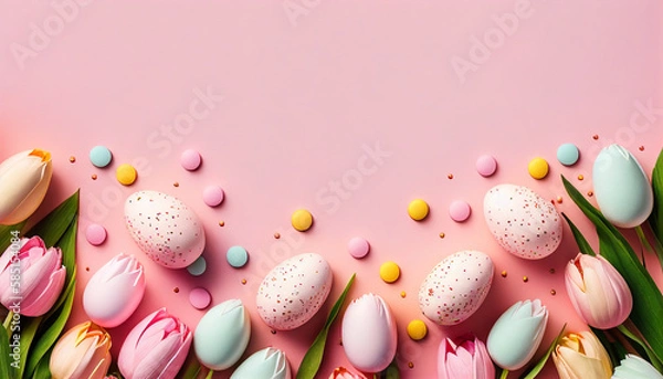 Obraz Composition tulips with easter egg and coloful candy, AI generated
