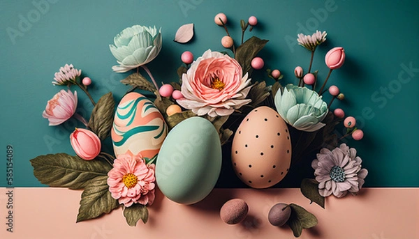 Obraz Composition easter eggs and flowers on the pastel green and pink background, happy easter, holiday gift, AI generated 