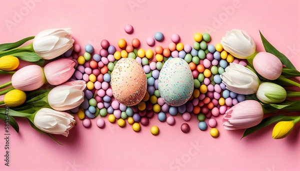 Obraz Composition tulips with easter egg and coloful candy, AI generated