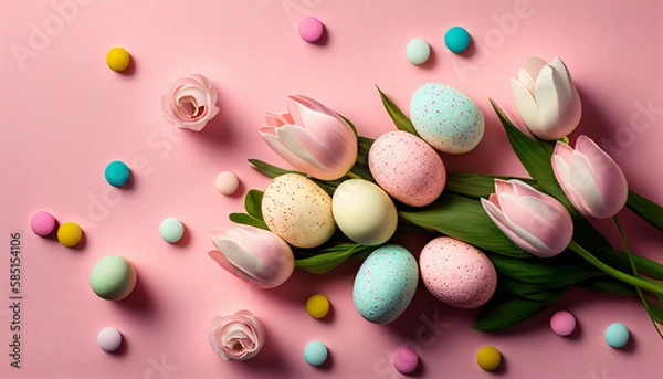 Obraz Composition tulips with easter egg and coloful decor, AI generated