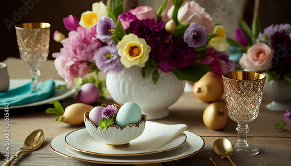 Obraz Easter table setting with flowers, сomposition easter eggs and flowers on the pastel green background, happy easter, holiday gift, AI generated 