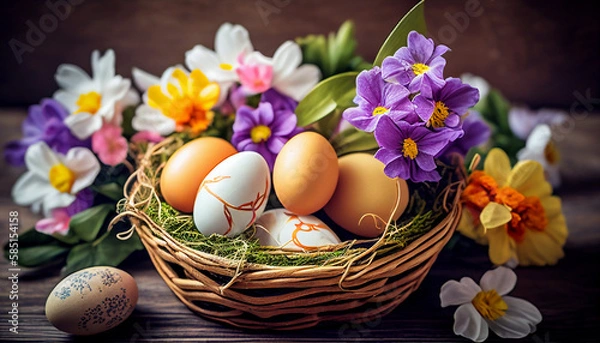 Obraz Easter eggs in basket with flowers, AI generated 