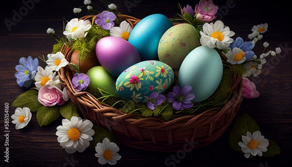 Obraz Easter eggs in basket with flowers, AI generated 