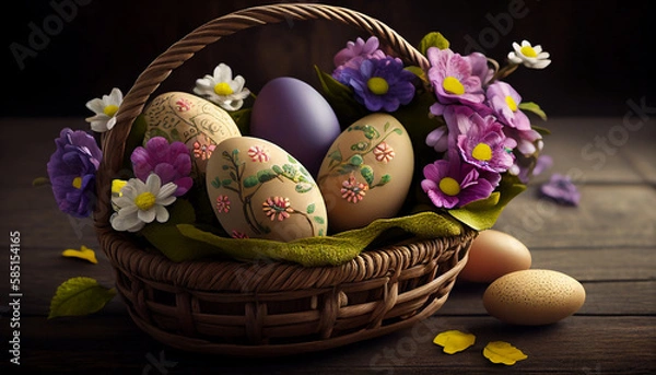 Obraz Easter eggs in basket with flowers, AI generated 
