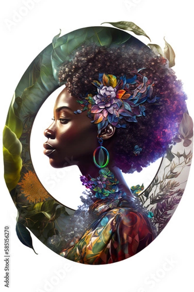 Obraz Round art illustration of a young woman in a circle of leaves and flowers