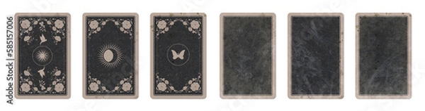 Obraz Set of three aged playing cards back with floral and esoteric designs and three faded, stained and battered blank playing cards, isolated on white background.
