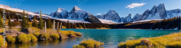 Fototapeta Illustration of a serene lake nestled among towering mountains and lush pine trees created with Generative AI technology