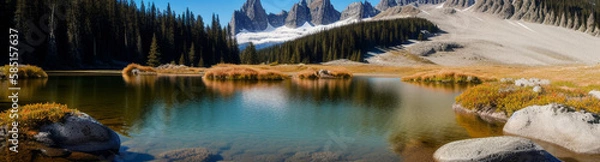 Fototapeta Illustration of a serene lake nestled among towering mountains and lush pine trees created with Generative AI technology