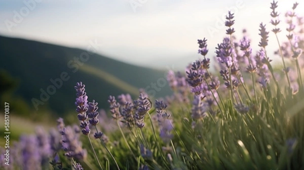 Fototapeta Panoramic view of blooming lavender flowers on nature field in summer, natural flowers background, purple lavender panoramic view. Generative AI