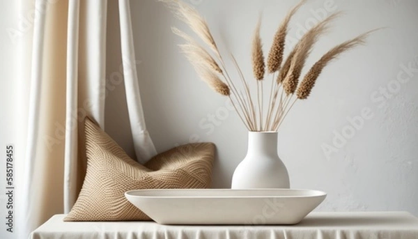 Fototapeta therapy modern white ceramic vase with dry lagurus ovatus spa still life with candles, copy space empty, relaxing calm morning meditation mind, rustic old vintage interior, generative ai
