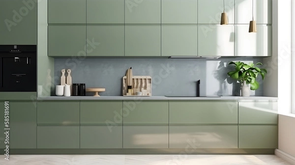 Fototapeta Modern, luxury kitchen with sage green counter cabinet with sink, induction cooktop, cupboard, refrigerator, plant on marble tile floor in sunlight from window for interior product background 3D