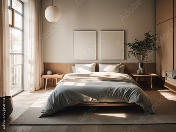 Fototapeta An image of a modern, minimalist bedroom with a neutral color palette, featuring a comfortable bed with soft linens, a stylish nightstand, and an elegant floor lamp. The room is bathed in soft, natura