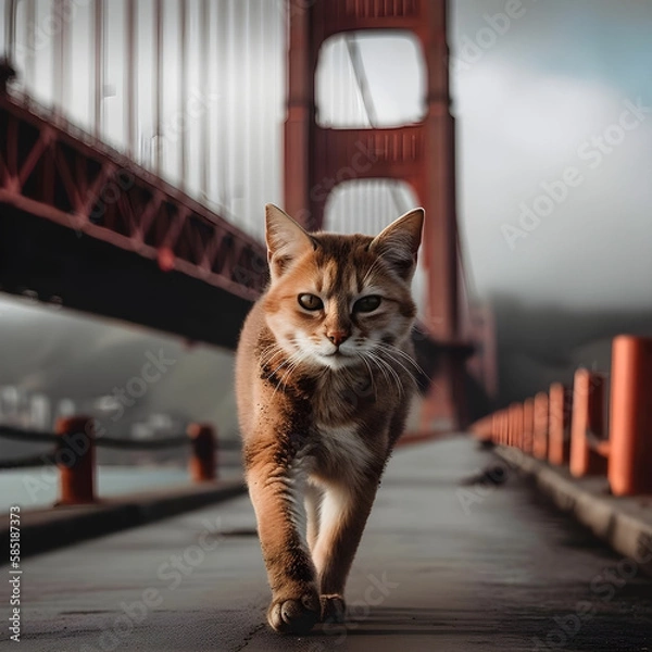 Fototapeta Cat walking across a bridge