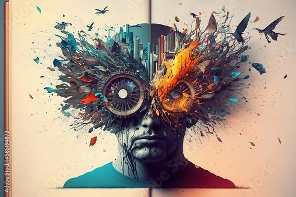 Fototapeta A head made of books with a light bulb in the eye refers to seeing the world from a different perspective.
