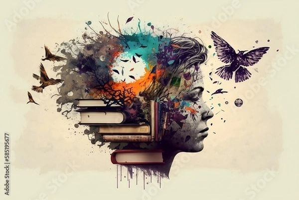 Fototapeta A head made of books with a light bulb, and birds flying around it.