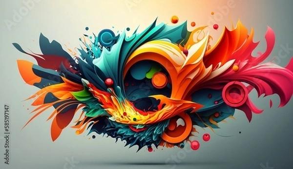 Fototapeta the image is a vibrant and colorful abstract design that features a chaotic yet cohesive blend of shapes and lines. The predominant colors are blue and green, with pops of yellow, pink, and purple.