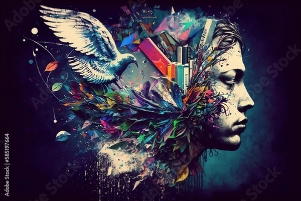 Fototapeta A head made of books and notebooks with a bird flying in the same direction as the face.