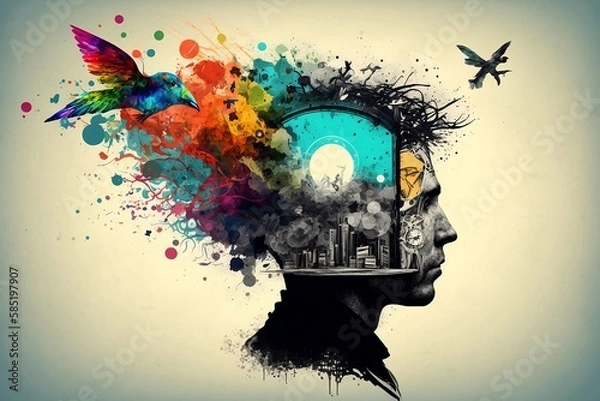 Fototapeta A head made of different sources of knowledge with a light bulb inside his head, with the birds flying around him.