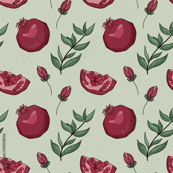 Fototapeta Saturated seamless pattern with pomegranates on green background. Vector illustration