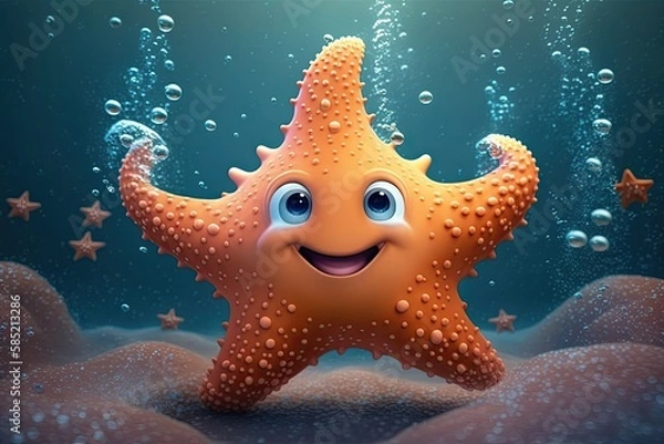 Fototapeta Cute Cartoon Starfish Character Underwater in the Ocean (Generative AI)