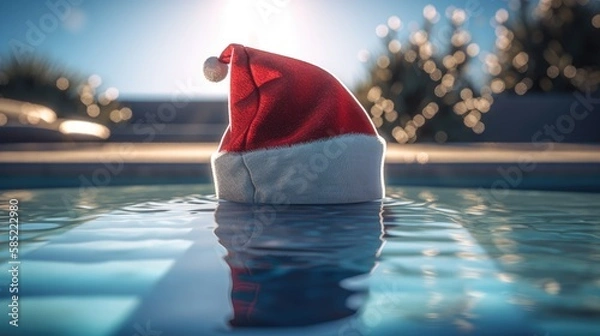 Fototapeta Christmas hat by the swimmingpool. Created with Generative AI.