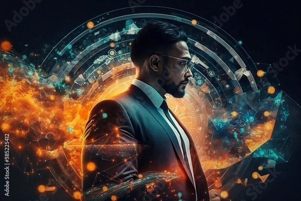 Fototapeta A businessman is depicted standing in front of an augmented reality display. The display shows various graphs and data visualizations, and a 3D cube is hovering in front of the businessman. 