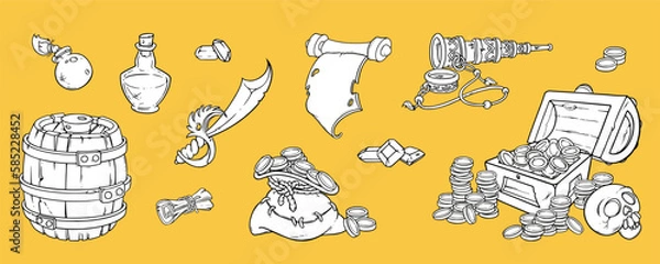 Fototapeta Pirate set with treasure chest, map, skull, rum burrel, sack with coins and other pirate belongings. Sketch vector illustration isolated on yellow background