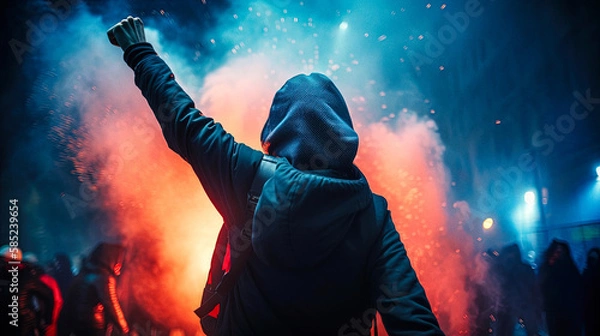 Obraz A French protester raising his arms in the air in victory during a night of riot in Paris, barricades burning in the street, bleu white red colors of the French flag - generative AI