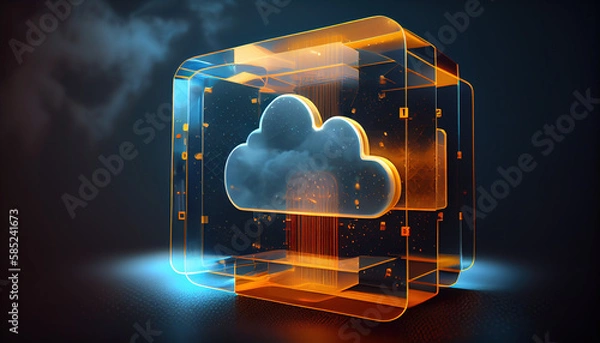 Fototapeta Digital informational technology web futuristic hologram with cloud icon, blue golden light digits and code background, cloud computing. Abstract Motion of digital data flow. - Generative AI